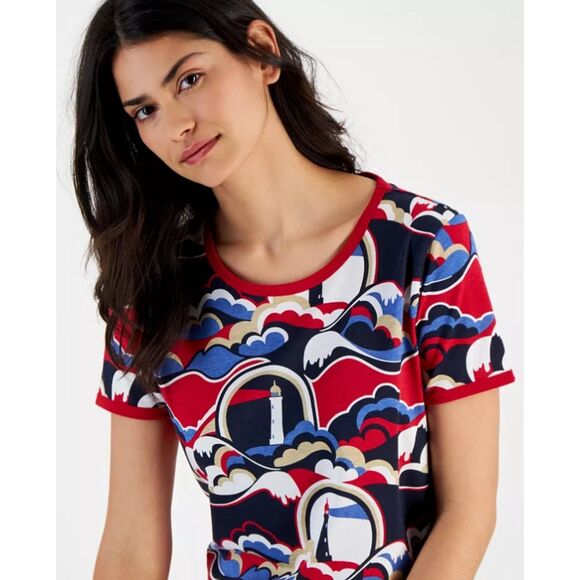 NAUTICA Multicolored Lighthouse Print Sz Large Cotton Blend Tee Shirt NEW NWOT - Picture 2 of 5